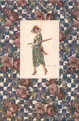 Woman with Orange Hat, Green Dress, and Orange Parasol. Wide flowered postcard border Artist Signed Sergio Bompard Postcard Post Postcard