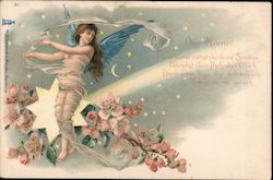 Fairy-like woman with wings among flowers and stars Fantasy Postcard Postcard Postcard