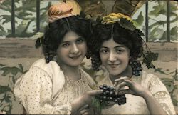 Two Young Girls with Curly Hair Holding Grapes Postcard