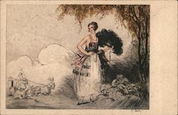 Woman standing near trees and clouds, holding feathered fan Postcard