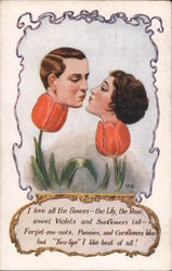 Man and Woman in Tulips, About to Kiss Fantasy Postcard Postcard Postcard