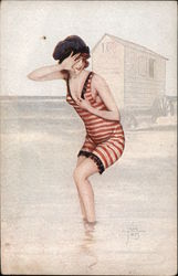 Woman in bathing suit "Les Baigneuses" Artist Signed J. Jam Postcard Postcard Postcard