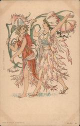 Two fairies dressed in flower-petal dresses and hats, carrying large flowers Fantasy Postcard Postcard Postcard