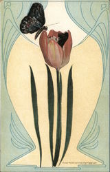 Kirchner Style Fantasy Flower Woman Black Butterfly Sitting on a Red Tulip Art Nouveau Postcard Postcard Postcard