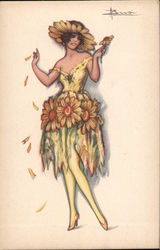 Woman in yellow flower hat, and yellow flowered dress Postcard