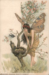 Fairy With Long Hair Gazes Into Nest With Baby Birds Postcard