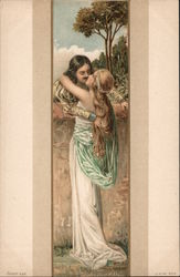 Mustached man leans over an outdoor wall to kiss a blonde woman Art Nouveau Postcard Postcard Postcard