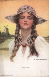 "A Neutral" - Girl with braids and hat; windmill in the background Postcard