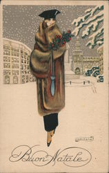 Buon Natale (Merry Christmas) - Lady in fur coat carries holly branch, walking in snow Postcard