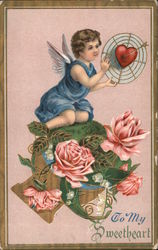 To My Sweetheart - Girl With Wings Sitting on Flower Arrangement Holding Heart Postcard