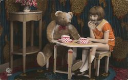 A girl sits at a tea party with a teddy bear Teddy Bears Postcard Postcard Postcard