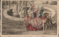 Man in Powdered wig and Lady with fancy hair in front of a swan pond, with a dog nearby Postcard