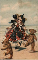 Little girl walks with two teddy bears on leashes Postcard