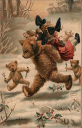 Teddy bears taking a small girl in the forest Postcard