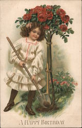 Girl Planting a Rose Bush Postcard