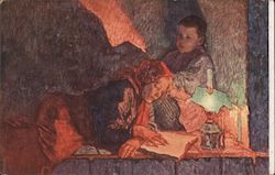 Man sitting, and woman reclining & reading by the light of a lamp Art Nikolay Bogdanov-Belsky Postcard Postcard Postcard