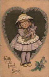 "With Fond Love" (Girl and her toy, surrounded by a heart-shaped wreath of flowers) Girls Postcard Postcard Postcard