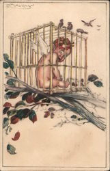 Baby with wings in a cage among birds and branches Postcard