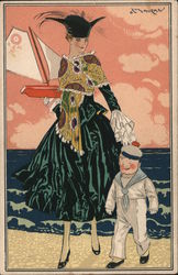 Woman and boy walk near the water, carrying a toy sailboat Postcard