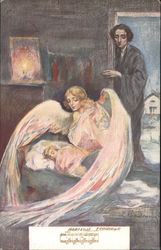 Child lies in bed, with an angel-lady nearby and a dark-clothed man looking in Angels Postcard Postcard Postcard