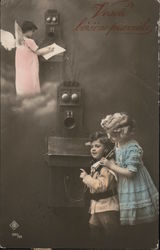 "Vesele boxicne praznike" - Children making a phone call, angel on the other end of the phonecall Angels Postcard Postcard Postcard