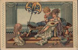 Children in fancy clothes on a couch, one child kneeling and fanning them Artist Signed A. Bertiglia Postcard Postcard Postcard