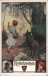 Rotkappchen (Red Riding Hood) in Forest with Wolf Fairy Tales Postcard Postcard Postcard