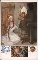 A long-haired girl in a crown near a person spinning;in another frame, the girl kisses someone Postcard