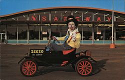 Zeezo the Clown in front of Safeway Grocery Store - Zeezo says, Always remember the two magic words - Please! Thank You! Postcard