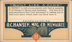 O.C. Hansen MFG. Co gloves and gauntlets Advertising Postcard Postcard Postcard