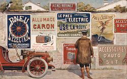 Man looks at signs on a wall, mostly from Pneu L'Electric Postcard