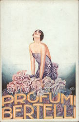 Profumi Bertelli - A woman in a purple dress sits among huge pink roses. Advertising Postcard Postcard Postcard