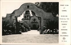 Front View of Carmel Mission showing the original church and gardens Postcard