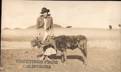 Woman with a Calf Holding Flowers, "Greetings From California" Postcard Postcard Postcard