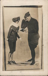 Soldier With Translation Book and Beautiful French Woman France Postcard Postcard Postcard