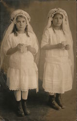 Two young girls in First Communion dresses holding Bibles and Rosaries Religious Postcard Postcard Postcard