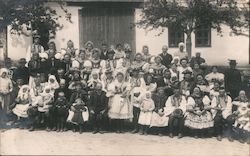 Group of people outside of a building, under the trees Czech Republic Postcard Postcard Postcard