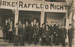 Turkey Raffle Tonight - group of men posing on steps under sign. Postcard Postcard Postcard