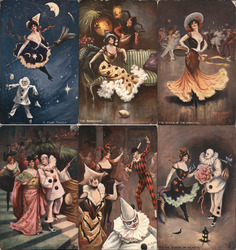 Set of 6: The Carnival Series II Witches, Clowns, Women, Pierrot Tuck's Oilette Series Postcard Postcard Postcard