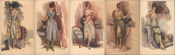 Set of 5: Italian Art Deco Fashion Ladies Postcard