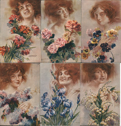 Set of 6: Ladies with Flowers Artist Signed Santino Postcard Postcard Postcard