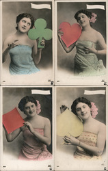 Set of 4: Woman with Clubs, Hearts, Diamonds, Spades Postcard