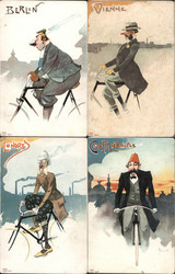 Set of 4: Men on Bicycles Berlin, Vienna,Constantinople, London Postcard