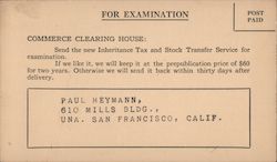 For Examination Commerce Clearing House Postcard