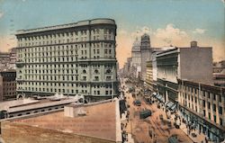 Flood building in left foreground. Ground floor known as railroad row Postcard