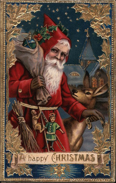 A Happy Christmas - Santa carrying presents, deer by his side Santa ...