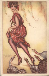 Woman in Red Dress Being Chased by Turkeys Artist Signed Aldolfo Busi Postcard Postcard Postcard