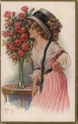 Fancy Hat with Black Ribbon, Pink Dress and Roses Postcard