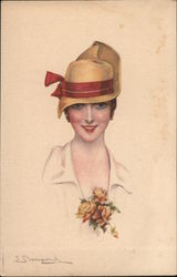 Woman Wearing Cloche Hat with Red Ribbon, Yellow Rose Corsage Postcard