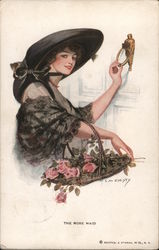 A Woman Holding a Basket of Flowers Knocking on a Door Postcard